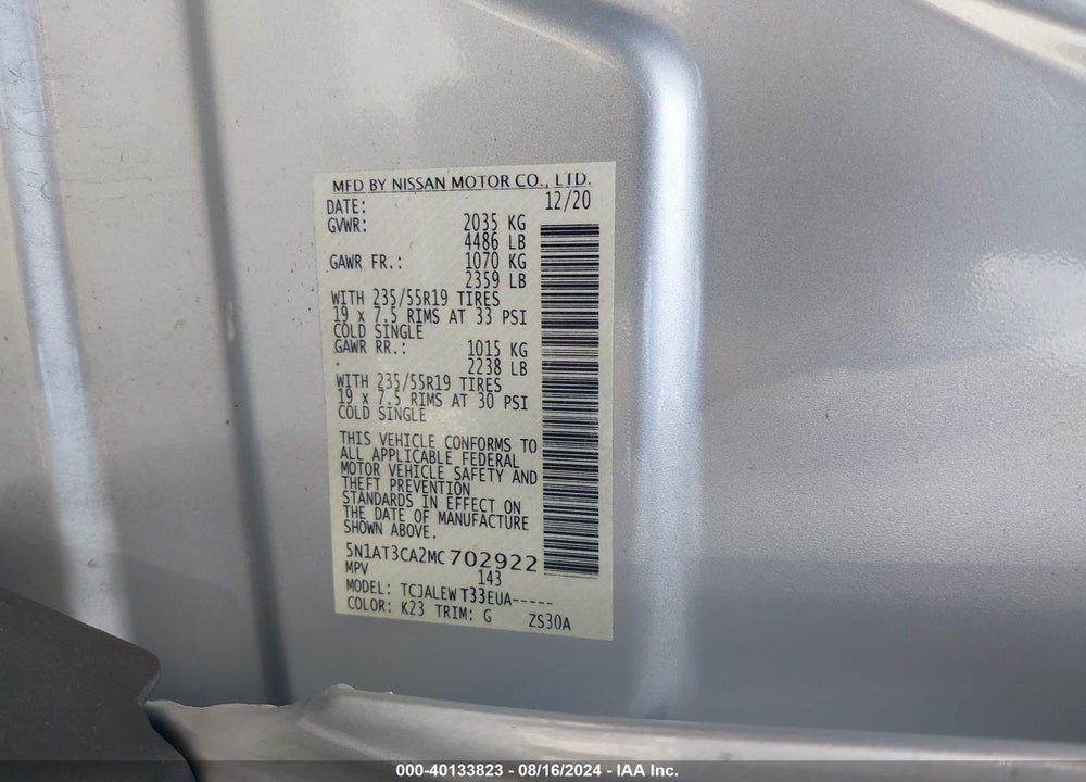 2021 NISSAN ROGUE SL FWD VIN: 5N1AT3CA2MC702922