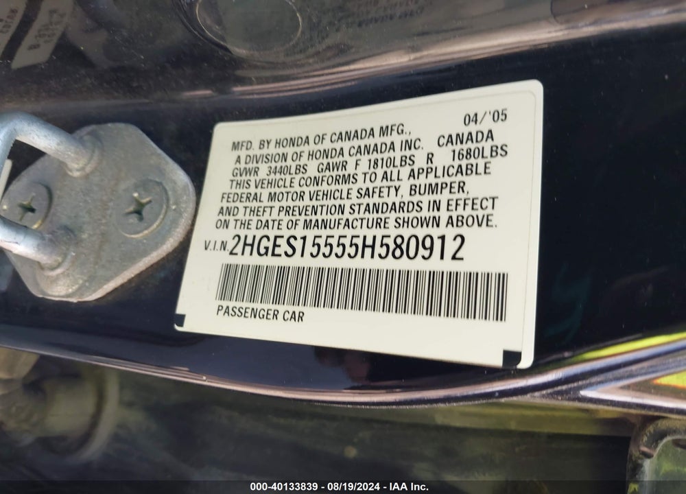 2005 HONDA CIVIC LX VIN: 2HGES15555H580912