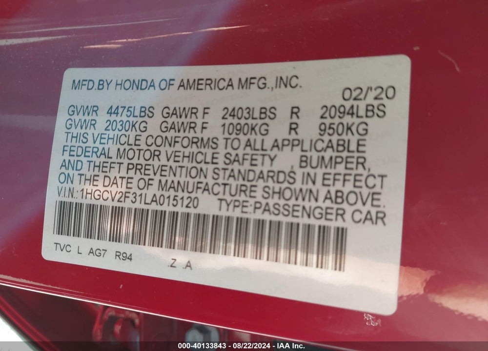 2020 HONDA ACCORD VIN: 1HGCV2F31LA015120