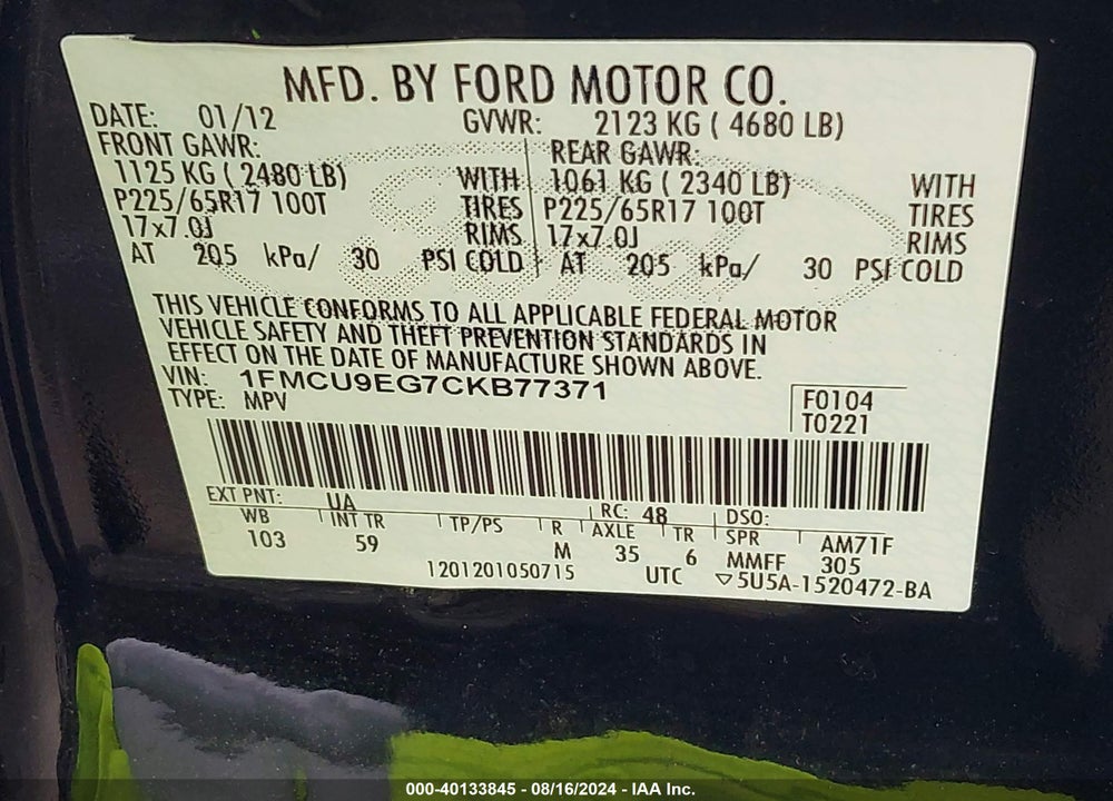 2012 FORD ESCAPE LIMITED VIN: 1FMCU9EG7CKB77371