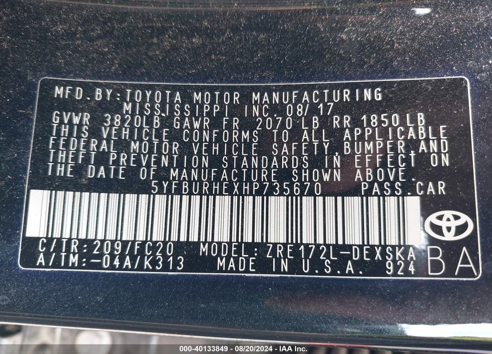 2017 TOYOTA COROLLA SE VIN: 5YFBURHEXHP735670