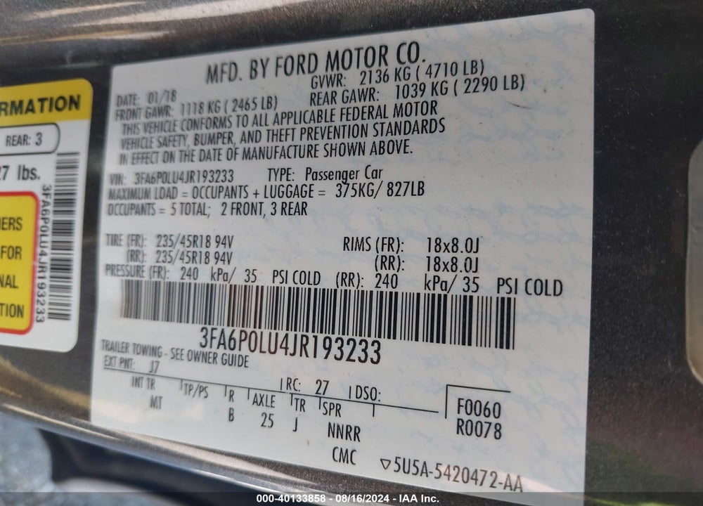 2018 FORD FUSION HYBRID SE VIN: 3FA6P0LU4JR193233
