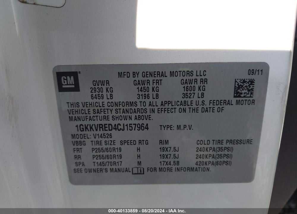2012 GMC ACADIA SLT-1 VIN: 1GKKVRED4CJ157964