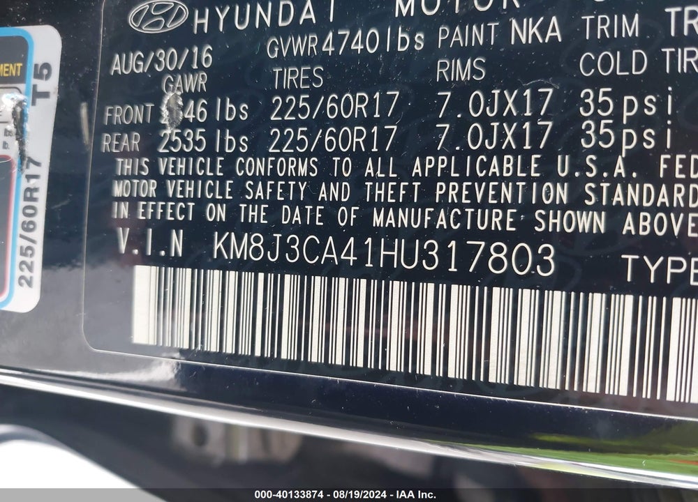 2017 HYUNDAI TUCSON SE VIN: KM8J3CA41HU317803