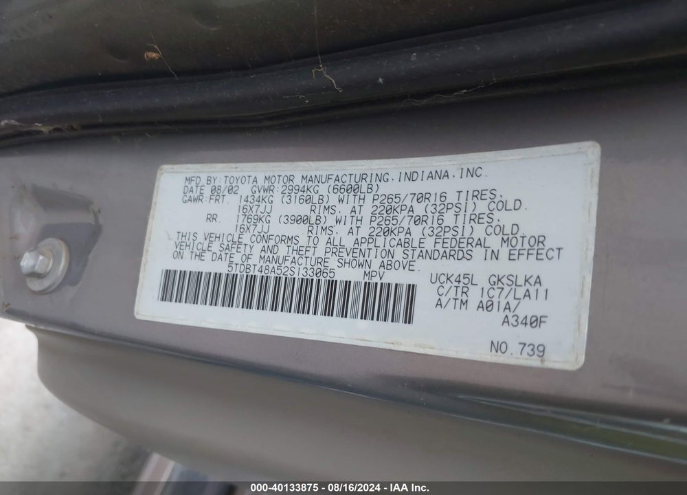 2002 TOYOTA SEQUOIA LIMITED V8 VIN: 5TDBT48A52S133065