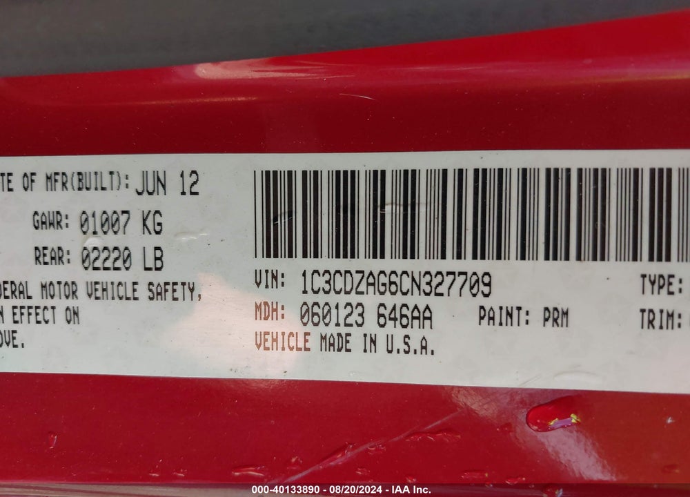 2012 DODGE AVENGER SE VIN: 1C3CDZAG6CN327709