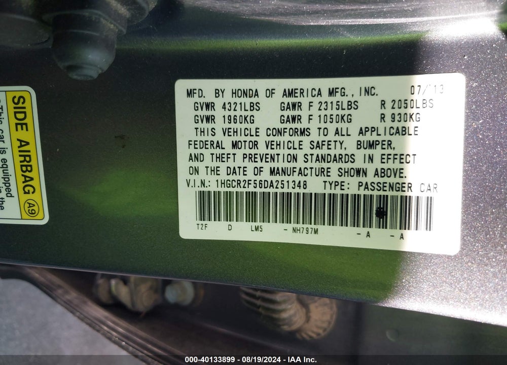 2013 HONDA ACCORD SPORT VIN: 1HGCR2F56DA251348