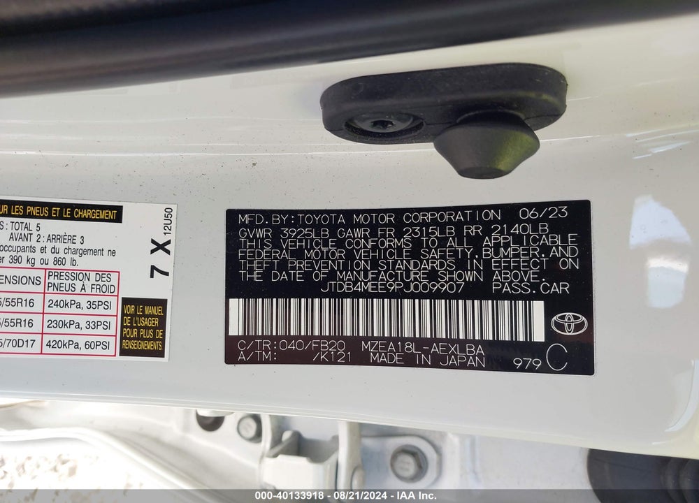 2023 TOYOTA COROLLA LE VIN: JTDB4MEE9PJ009907