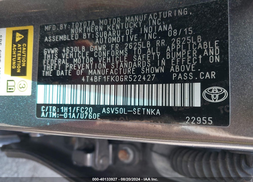 2016 TOYOTA CAMRY LE VIN: 4T4BF1FK0GR522427