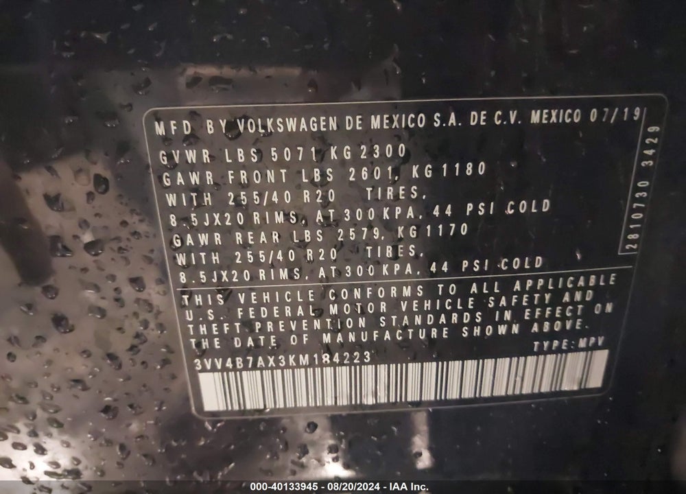 2019 VOLKSWAGEN TIGUAN VIN: 3VV4B7AX3KM184223