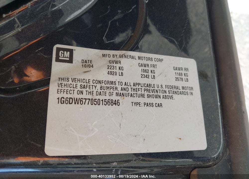 2005 CADILLAC STS V6 VIN: 1G6DW677050156846
