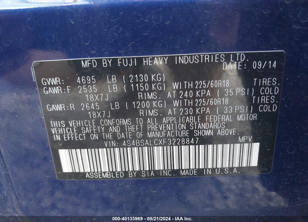 2015 SUBARU OUTBACK 2.5I LIMITED VIN: 4S4BSALCXF3228847