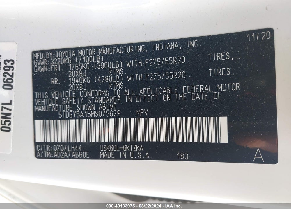 2021 TOYOTA SEQUOIA PLATINUM VIN: 5TDGY5A15MS075629