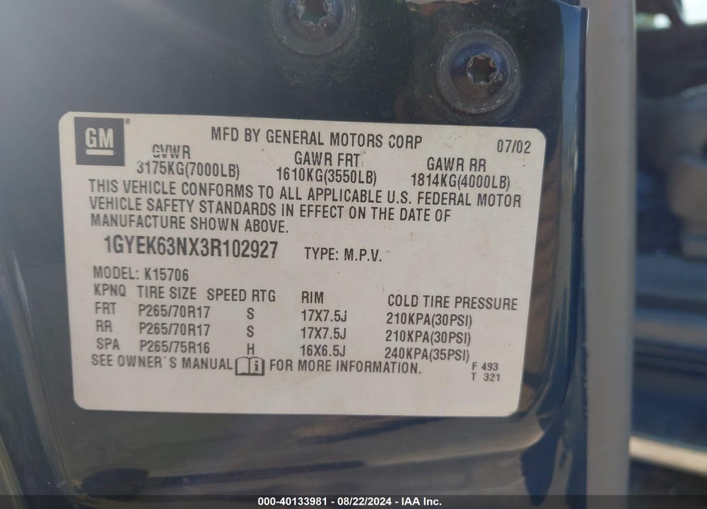 2003 CADILLAC ESCALADE STANDARD VIN: 1GYEK63NX3R102927
