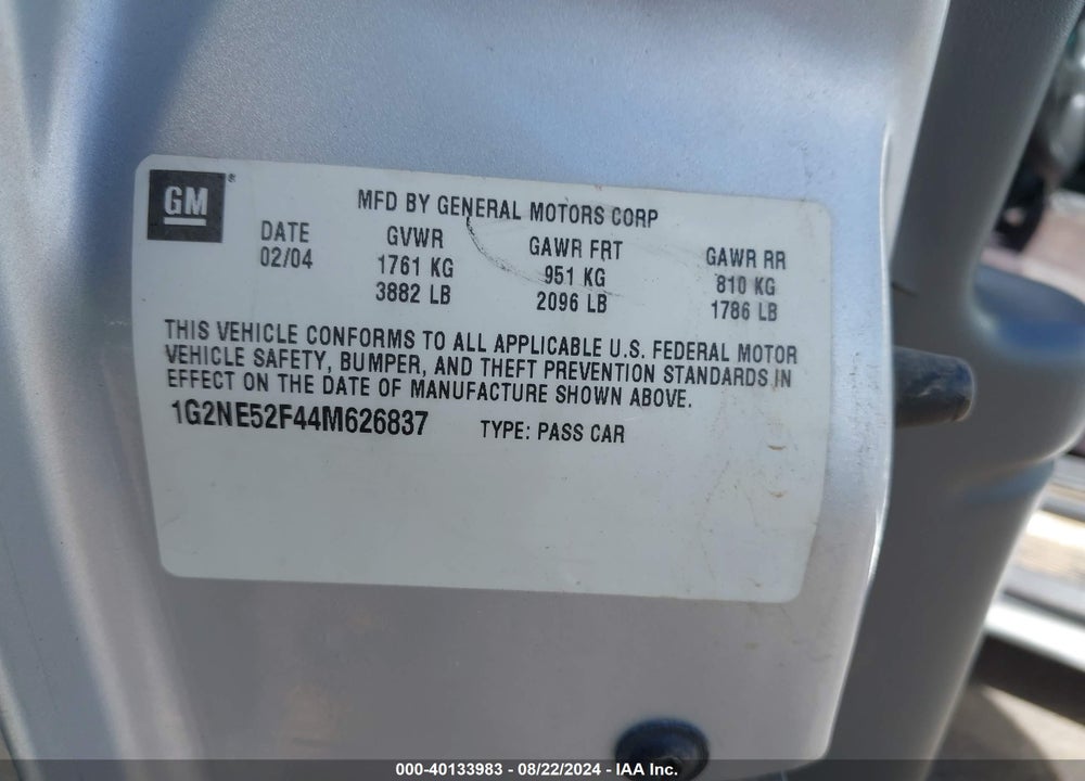2004 PONTIAC GRAND AM SE VIN: 1G2NE52F44M626837