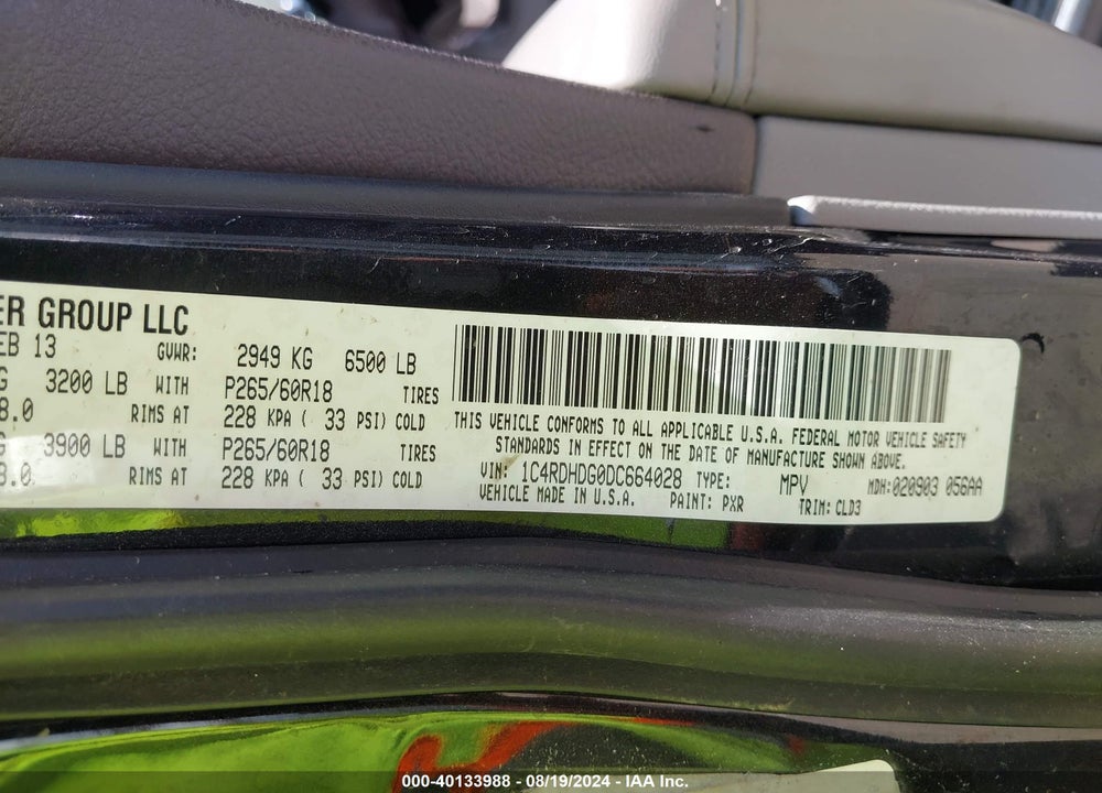 2013 DODGE DURANGO CREW VIN: 1C4RDHDG0DC664028