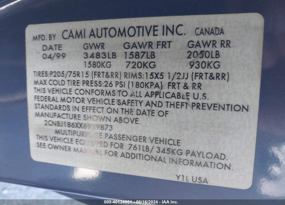 1999 CHEVROLET TRACKER VIN: 2CNBJ186XX6929873