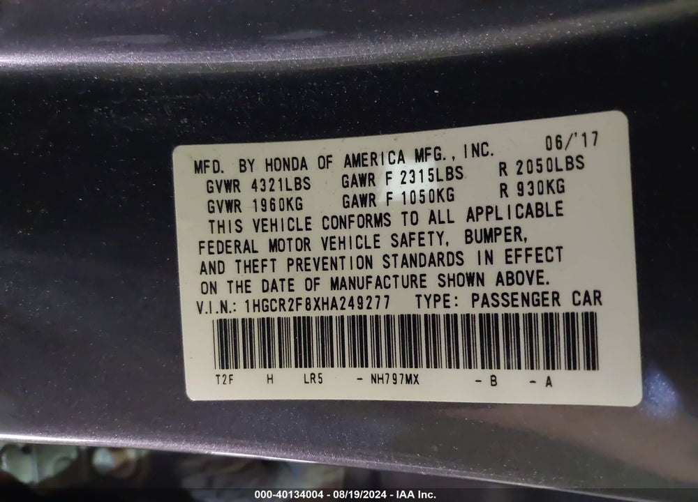 2017 HONDA ACCORD EX-L VIN: 1HGCR2F8XHA249277