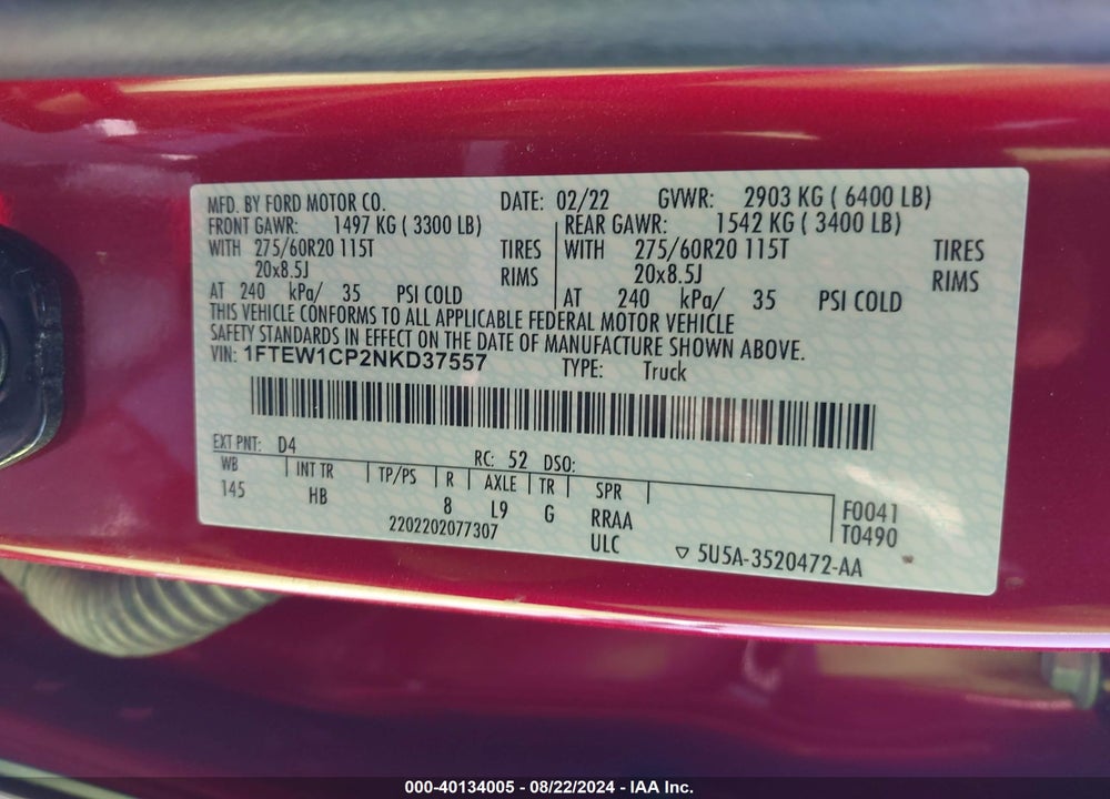 2022 FORD F-150 LARIAT VIN: 1FTEW1CP2NKD37557