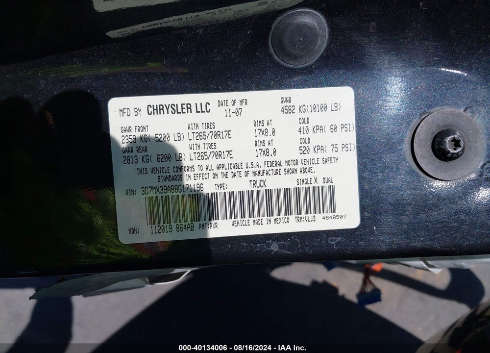 2008 DODGE RAM 3500 LARAMIE VIN: 3D7MX39A88G171196