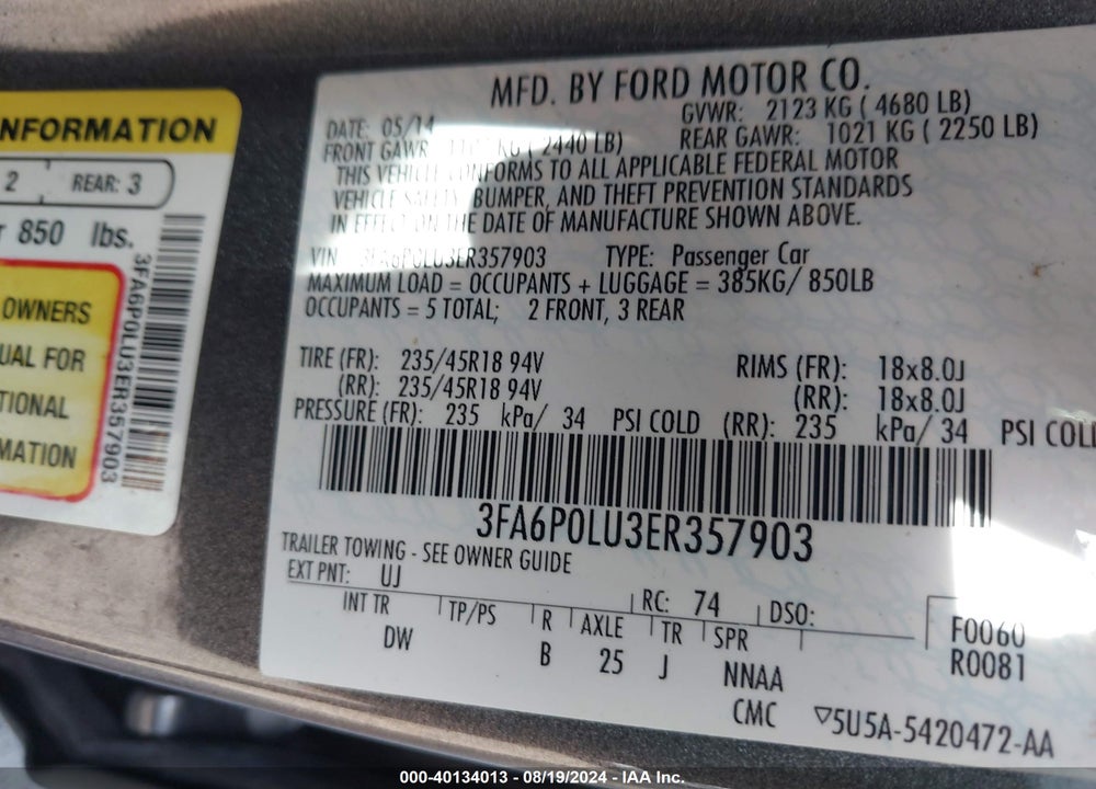 2014 FORD FUSION HYBRID SE VIN: 3FA6P0LU3ER357903