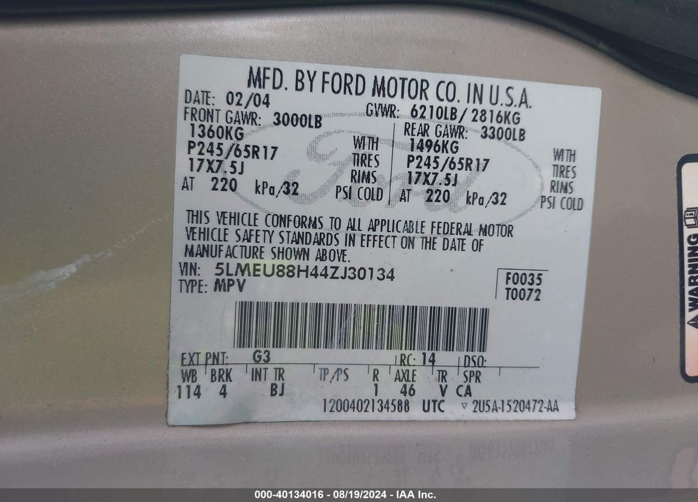 2004 LINCOLN AVIATOR VIN: 5LMEU88H44ZJ30134