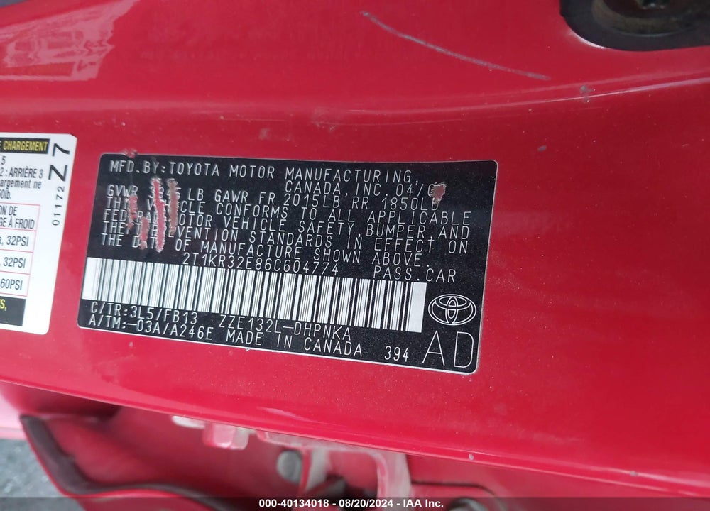 2006 TOYOTA MATRIX/XR VIN: 2T1KR32E86C604774