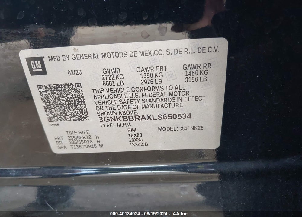 2020 CHEVROLET BLAZER FWD 1LT VIN: 3GNKBBRAXLS650534