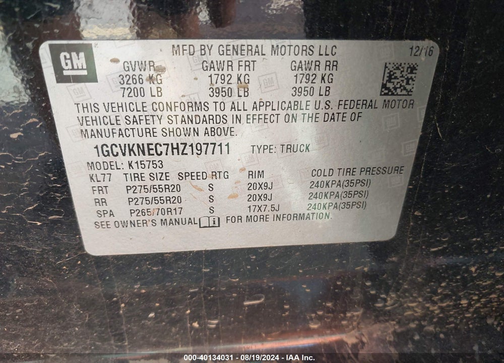 2017 CHEVROLET SILVERADO 1500 WT VIN: 1GCVKNEC7HZ197711