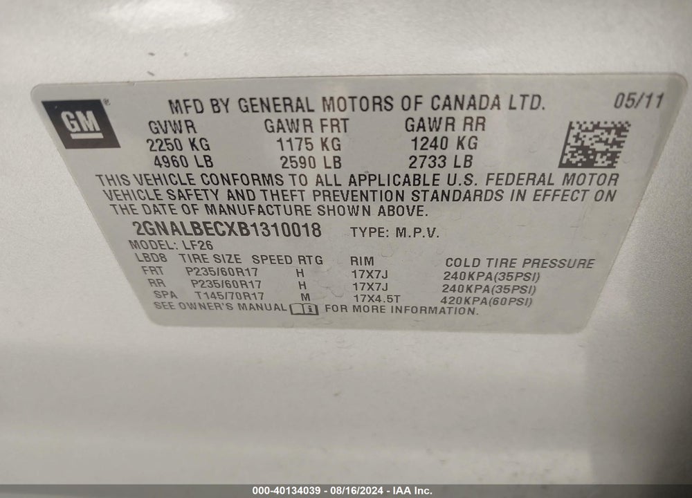 2011 CHEVROLET EQUINOX VIN: 2GNALBECXB1310018