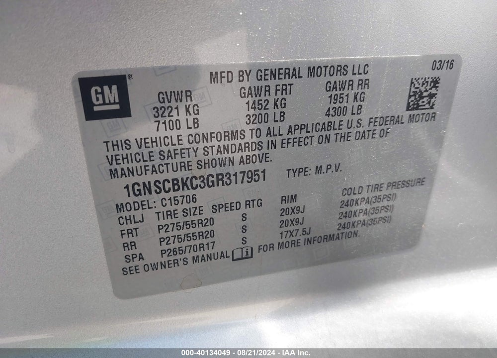 2016 CHEVROLET TAHOE LT VIN: 1GNSCBKC3GR317951
