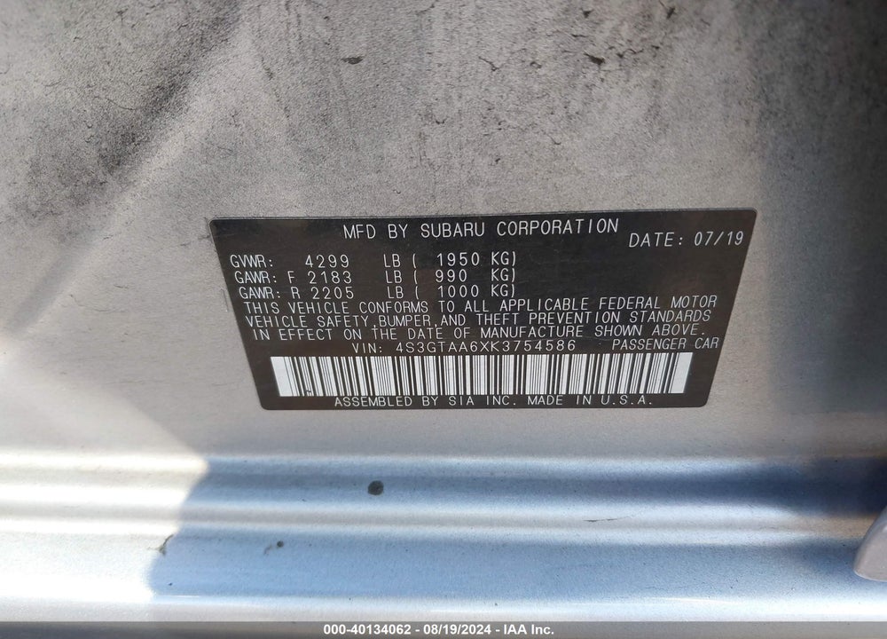 2019 SUBARU IMPREZA 2.0I VIN: 4S3GTAA6XK3754586