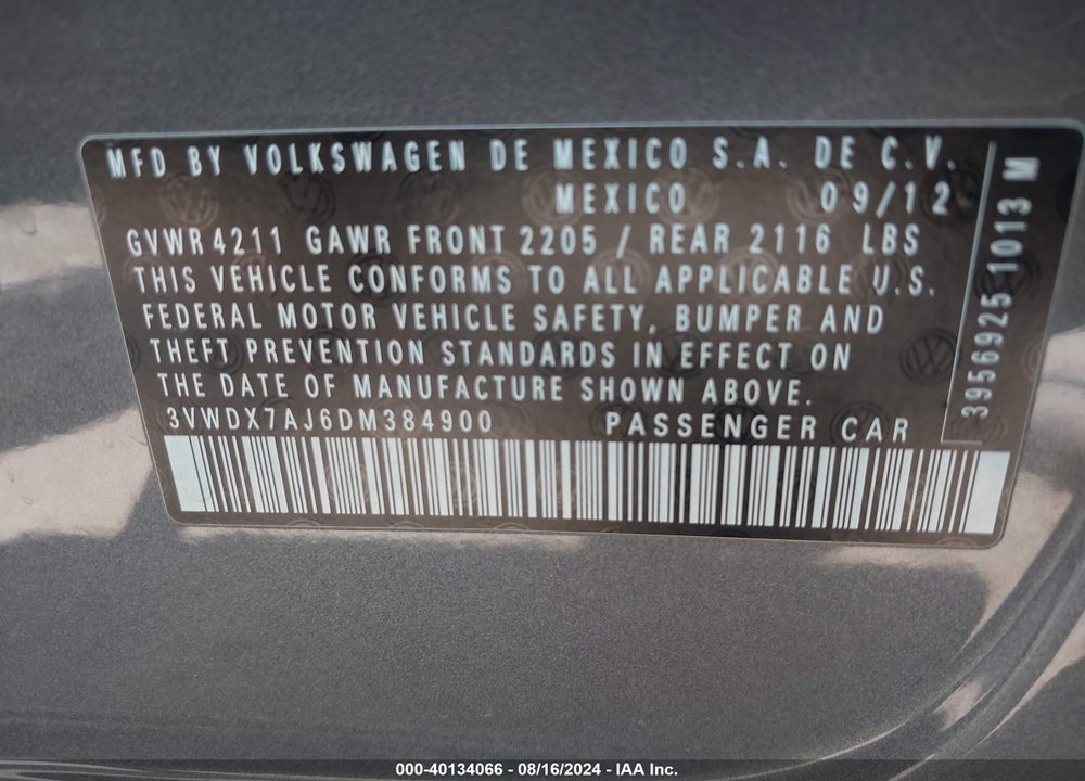 2013 VOLKSWAGEN JETTA 2.5L SE VIN: 3VWDX7AJ6DM384900