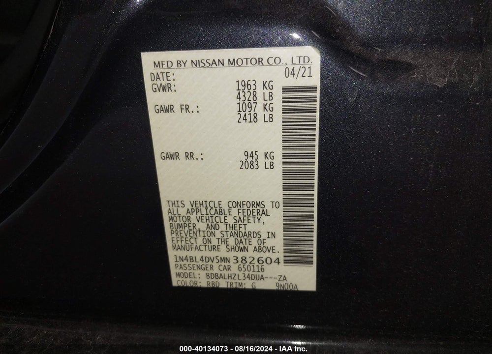 2021 NISSAN ALTIMA SV FWD VIN: 1N4BL4DV5MN382604