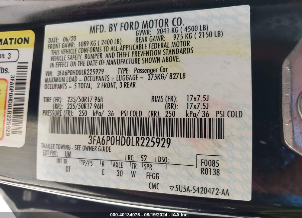 2020 FORD FUSION SE VIN: 3FA6P0HD0LR225929