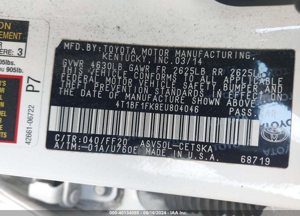 2014 TOYOTA CAMRY SE VIN: 4T1BF1FK8EU804046