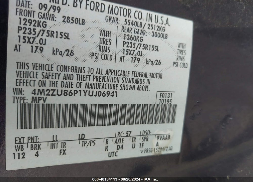 2000 MERCURY MOUNTAINEER VIN: 4M2ZU86P1YUJ06941