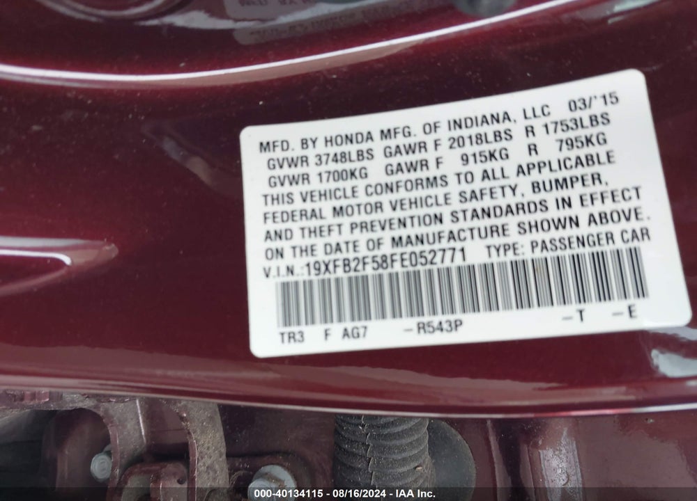 2015 HONDA CIVIC LX VIN: 19XFB2F58FE052771