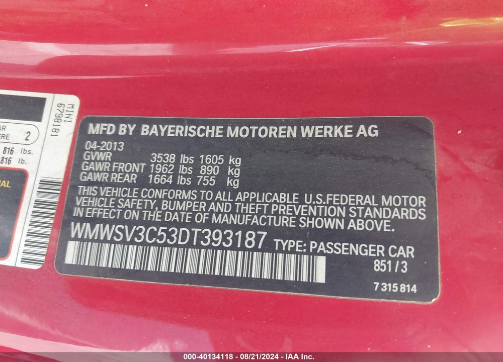 2013 MINI HARDTOP COOPER S VIN: WMWSV3C53DT393187