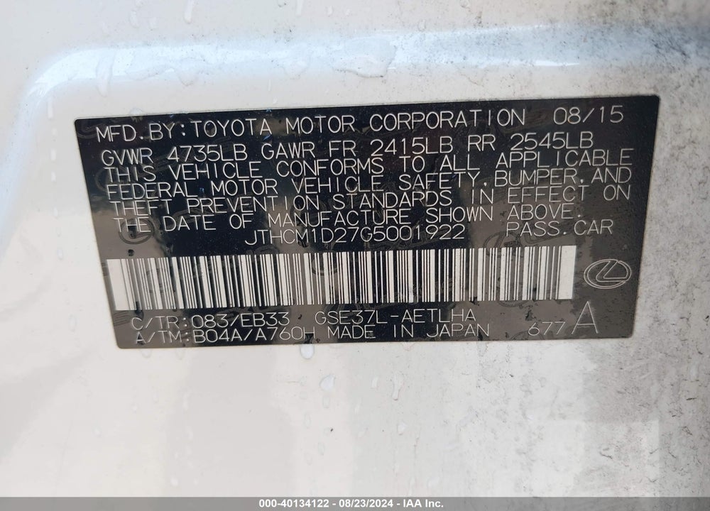 2016 LEXUS IS 300 VIN: JTHCM1D27G5001922
