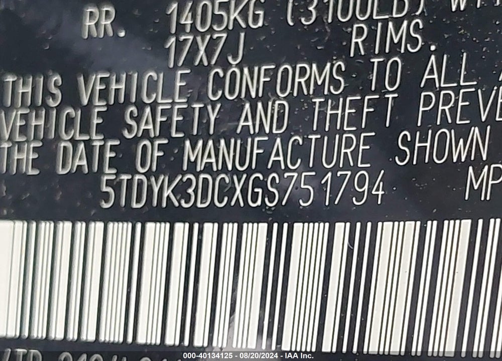 2016 TOYOTA SIENNA XLE 8 PASSENGER VIN: 5TDYK3DCXGS751794