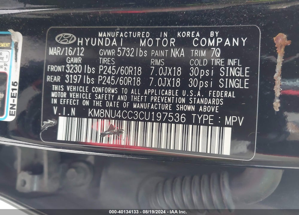2012 HYUNDAI VERACRUZ LIMITED VIN: KM8NU4CC3CU197536
