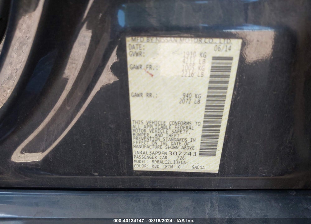2015 NISSAN ALTIMA 2.5/2.5 S/2.5 SL/2.5 SV VIN: 1N4AL3AP9FN307743