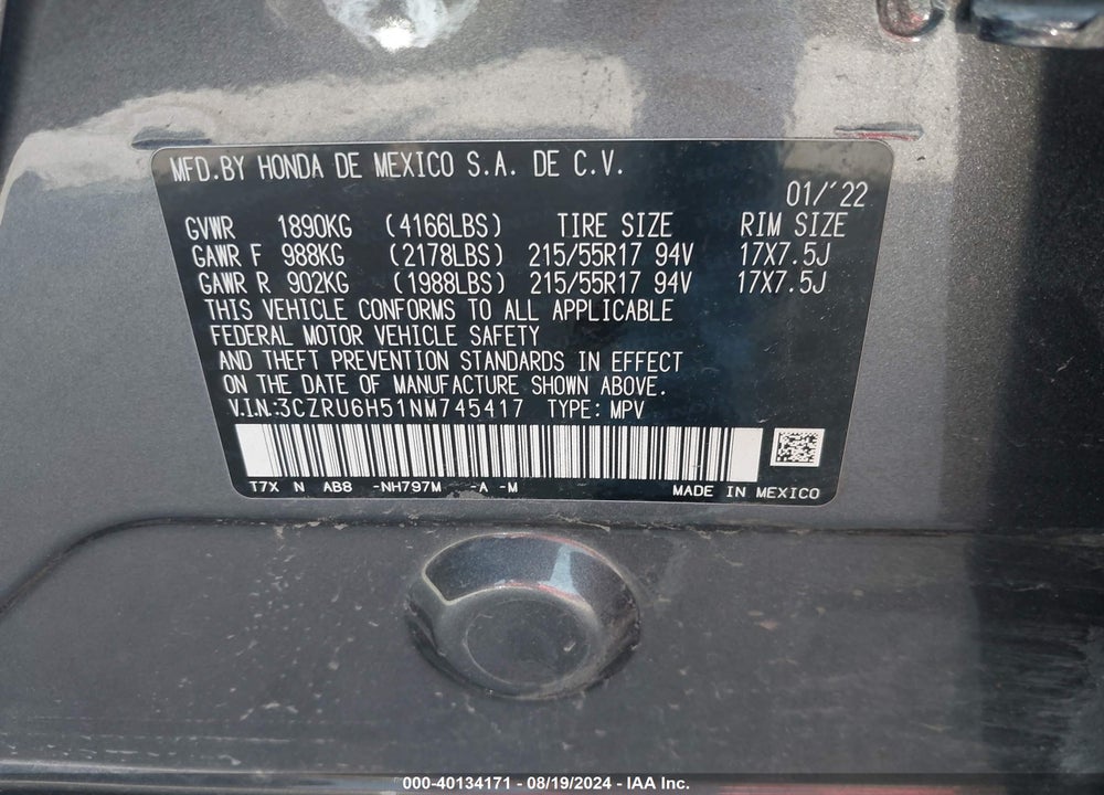 2022 HONDA HR-V AWD EX VIN: 3CZRU6H51NM745417