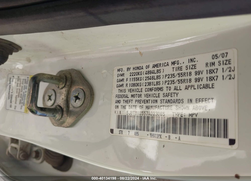 2007 ACURA RDX VIN: 5J8TB18557A023065