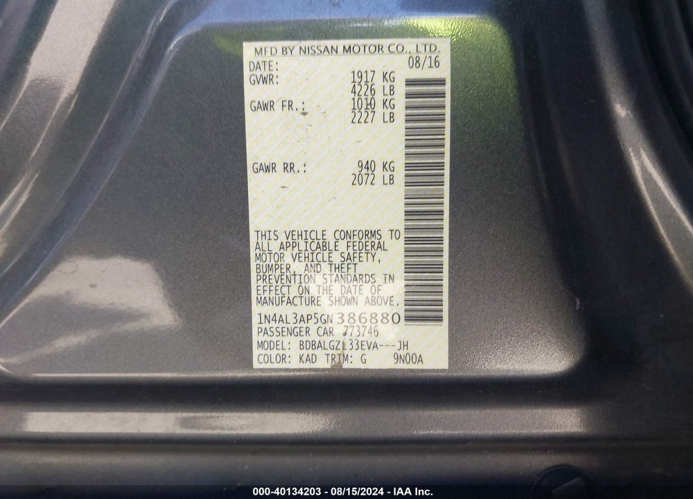 2016 NISSAN ALTIMA 2.5 S VIN: 1N4AL3AP5GN386880