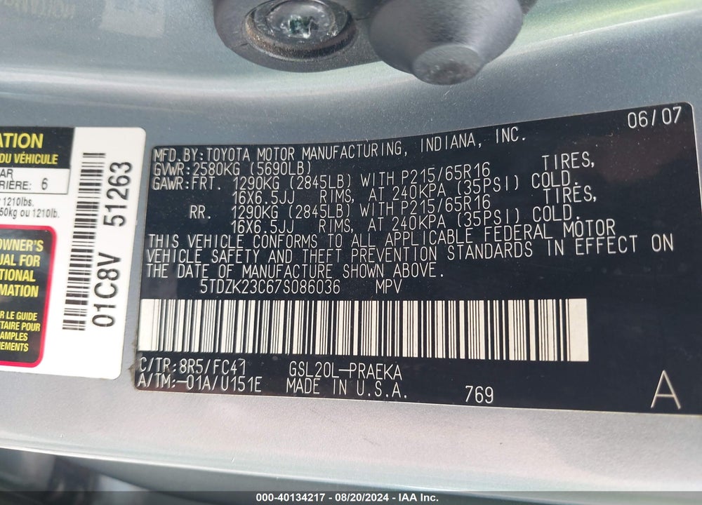 2007 TOYOTA SIENNA VIN: 5TDZK23C67S086036