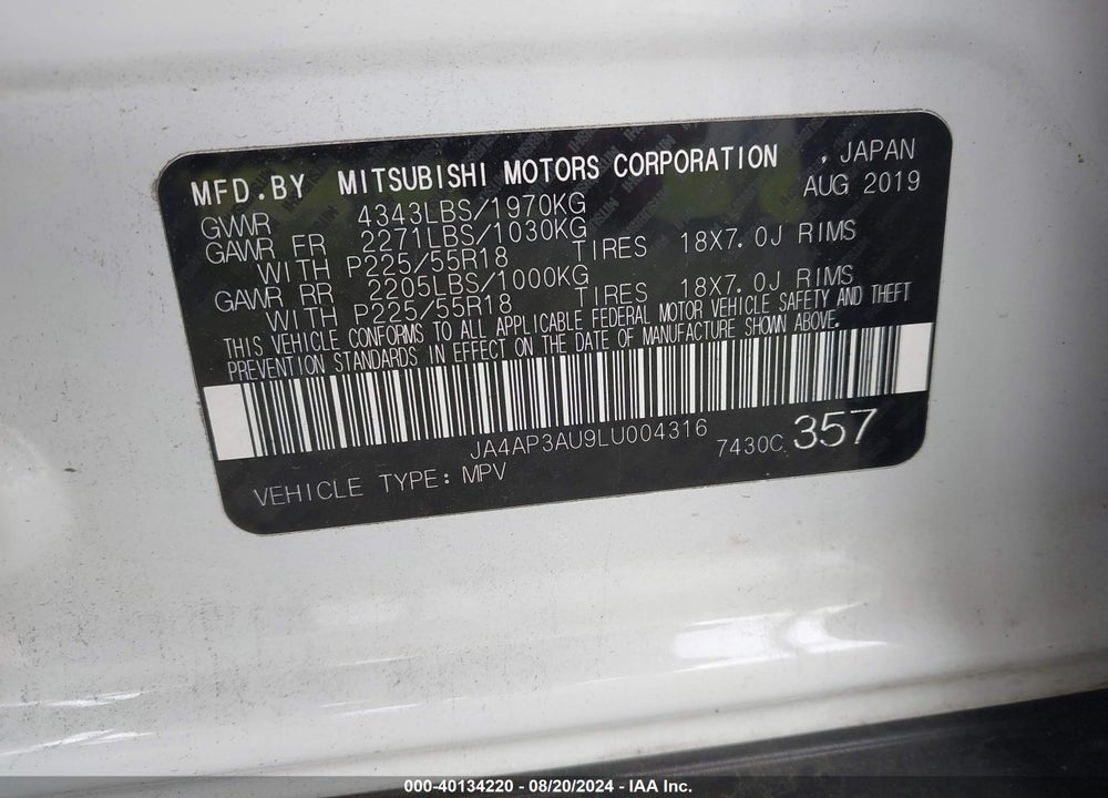 2020 MITSUBISHI OUTLANDER SPORT 2.0 ES VIN: JA4AP3AU9LU004316