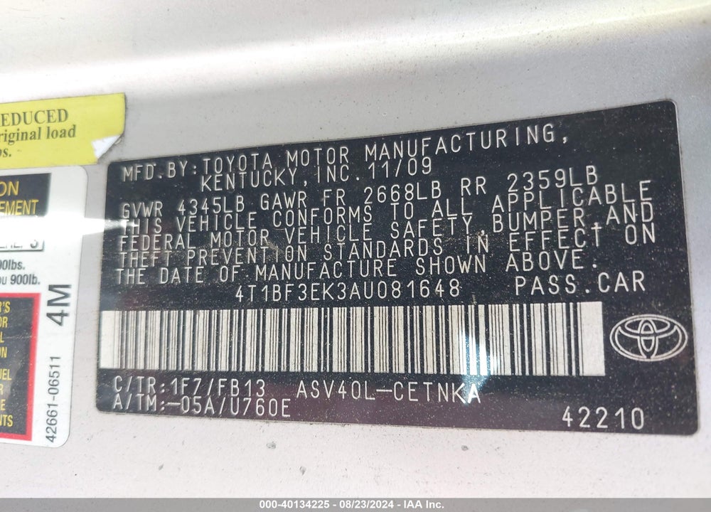 2010 TOYOTA CAMRY VIN: 4T1BF3EK3AU081648