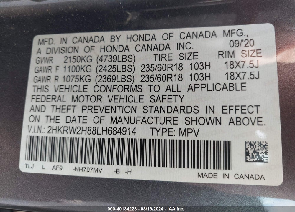 2020 HONDA CR-V VIN: 2HKRW2H88LH684914